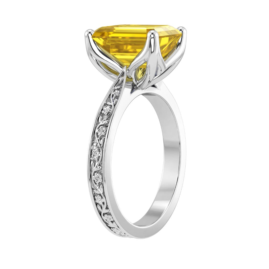 Emerald Cut Yellow Sapphire Antique Style Ring engraved 14K Gold fine jewelry September birthstone Pel and Co