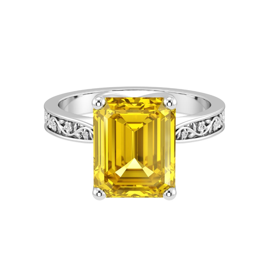 Vintage Emerald Cut Yellow Sapphire Ring engraved band 14K Gold radiant solitaire jewelry Pel and Co