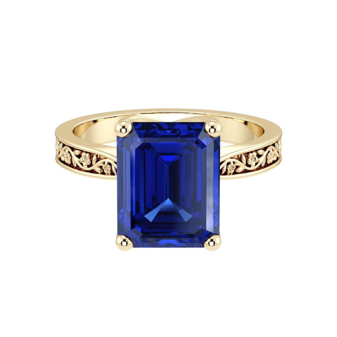 Emerald Cut Blue Sapphire Solitaire Ring engraved antique vintage style 14K Gold Ceylon blue September birthstone ring Pel and Co