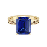 Emerald Cut Blue Sapphire Solitaire Ring engraved antique vintage style 14K Gold Ceylon blue September birthstone ring Pel and Co