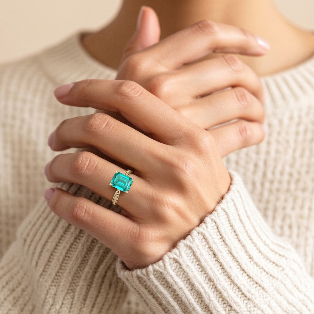 Antique Emerald Cut Paraiba Tourmaline Solitaire Ring 14K Gold engraved detail vivid luxury ring Pel and Co