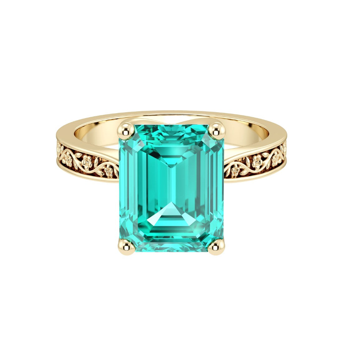 Emerald Cut Paraiba Tourmaline Solitaire Ring engraved antique vintage style 14K Gold neon blue green rare gemstone ring Pel and Co