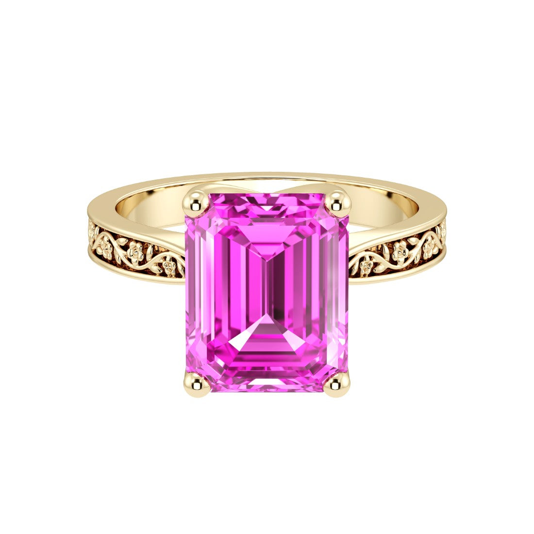Emerald Cut Pink Sapphire Solitaire Ring engraved antique vintage style 14K Gold romantic blush gemstone ring Pel and Co