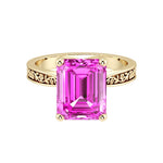 Emerald Cut Pink Sapphire Solitaire Ring engraved antique vintage style 14K Gold romantic blush gemstone ring Pel and Co