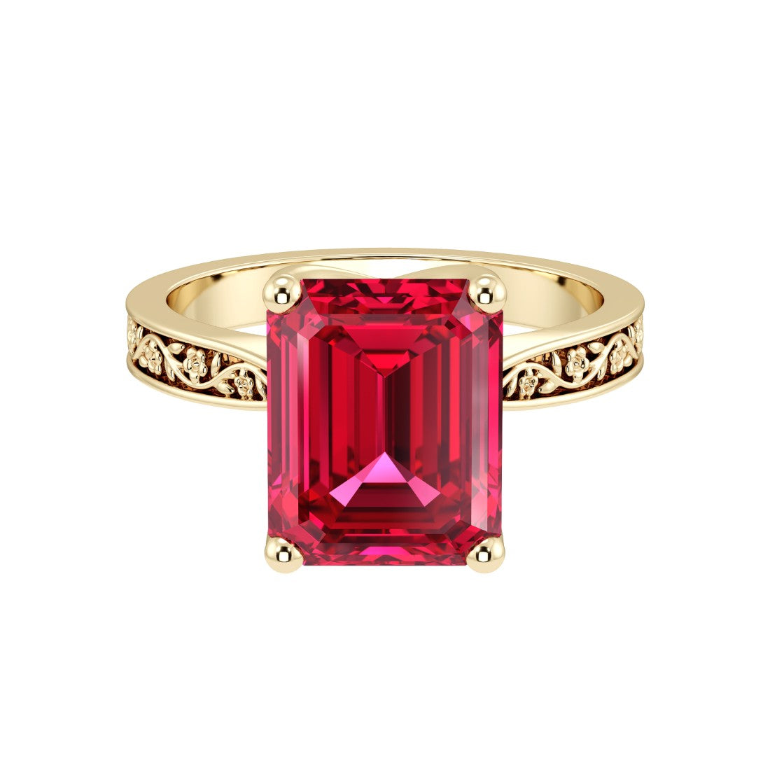 Emerald Cut Ruby Solitaire Ring engraved antique vintage style 14K Gold romantic blush gemstone ring Pel and Co