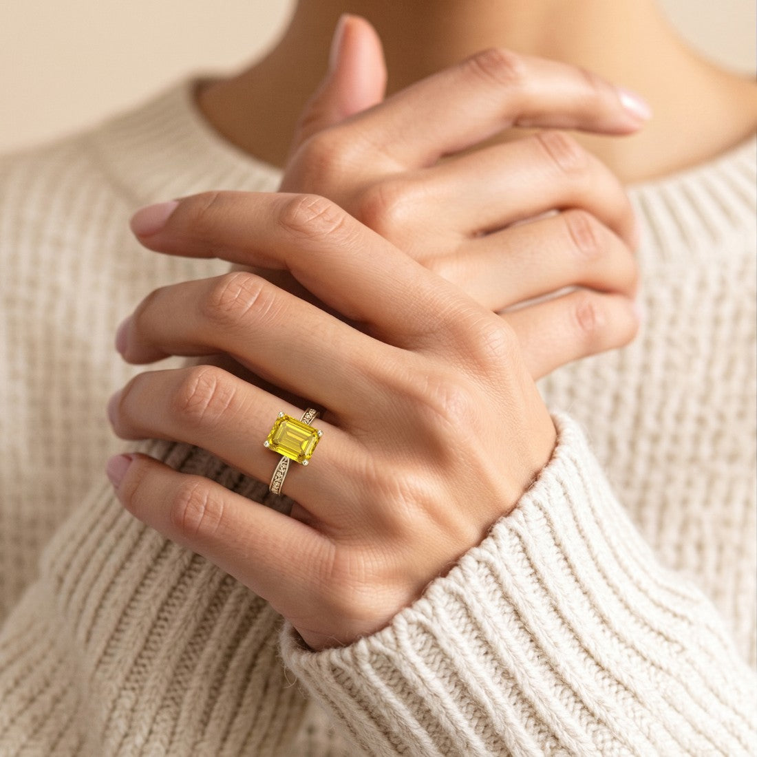 Antique Emerald Cut Yellow Sapphire Solitaire Ring 14K Gold engraved detail yellow diamond look ring Pel and Co