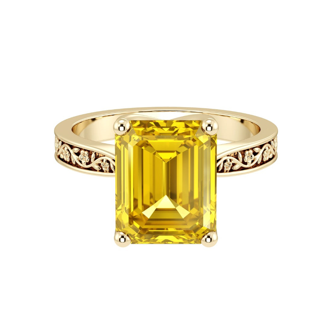 Emerald Cut Yellow Sapphire Solitaire Ring engraved antique vintage style 14K Gold September birthstone luxury ring Pel and Co