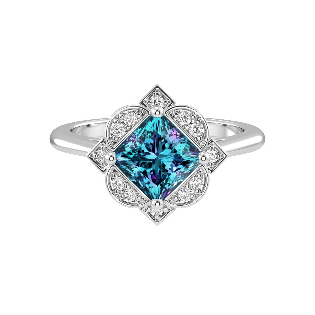Antique Princess Cut Alexandrite Ring diamond halo 14K Gold heirloom style rare color shift ring Pel and Co