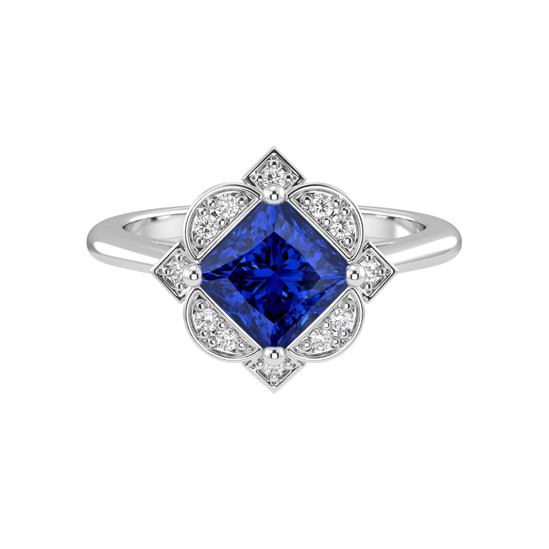 Antique Princess Cut Blue Sapphire Ring diamond halo 14K Gold heirloom engagement style Pel and Co