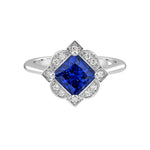 Antique Princess Cut Blue Sapphire Ring diamond halo 14K Gold heirloom engagement style Pel and Co
