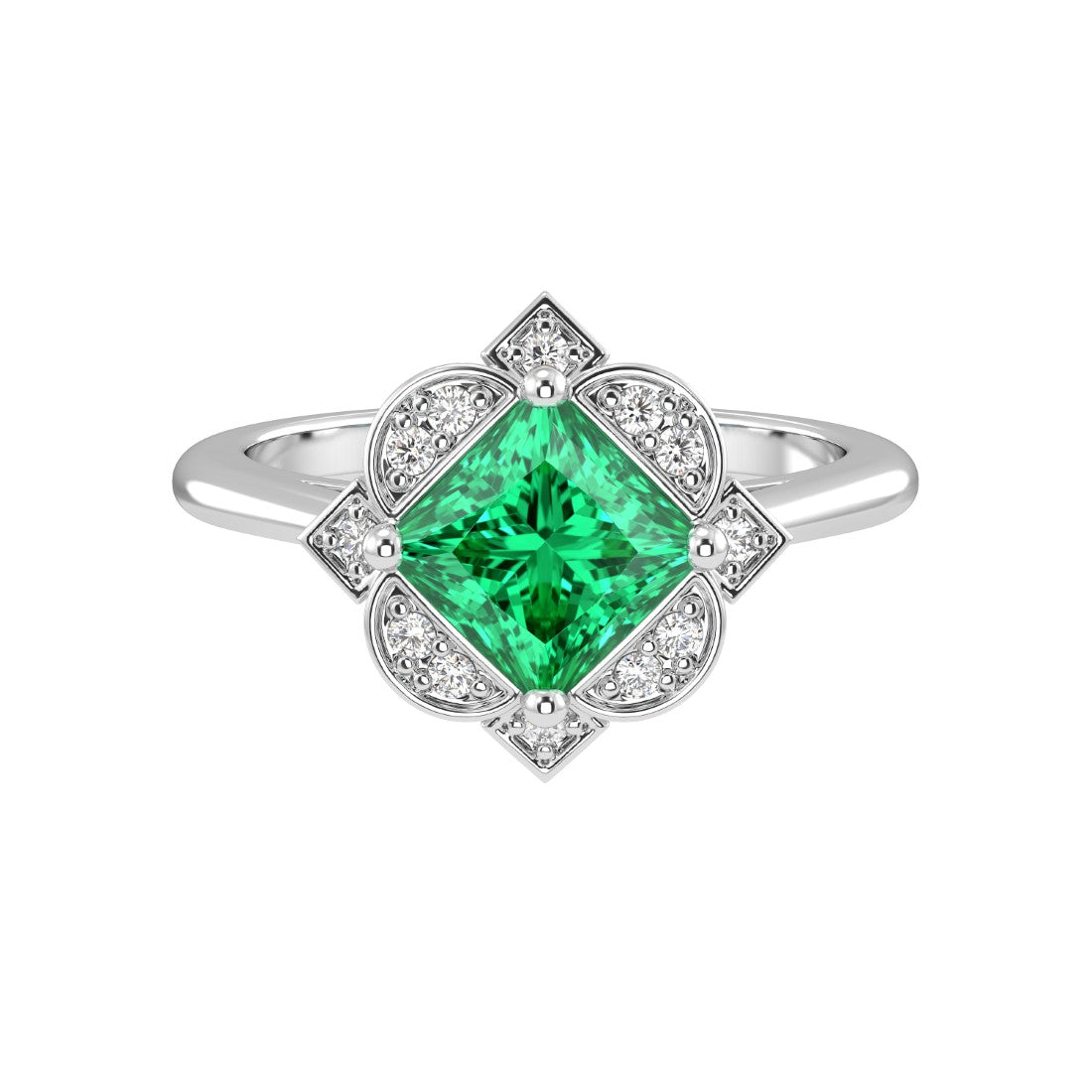 Antique Princess Cut Colombian Emerald Ring diamond halo 14K Gold heirloom engagement style Pel and Co