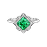 Antique Princess Cut Colombian Emerald Ring diamond halo 14K Gold heirloom engagement style Pel and Co