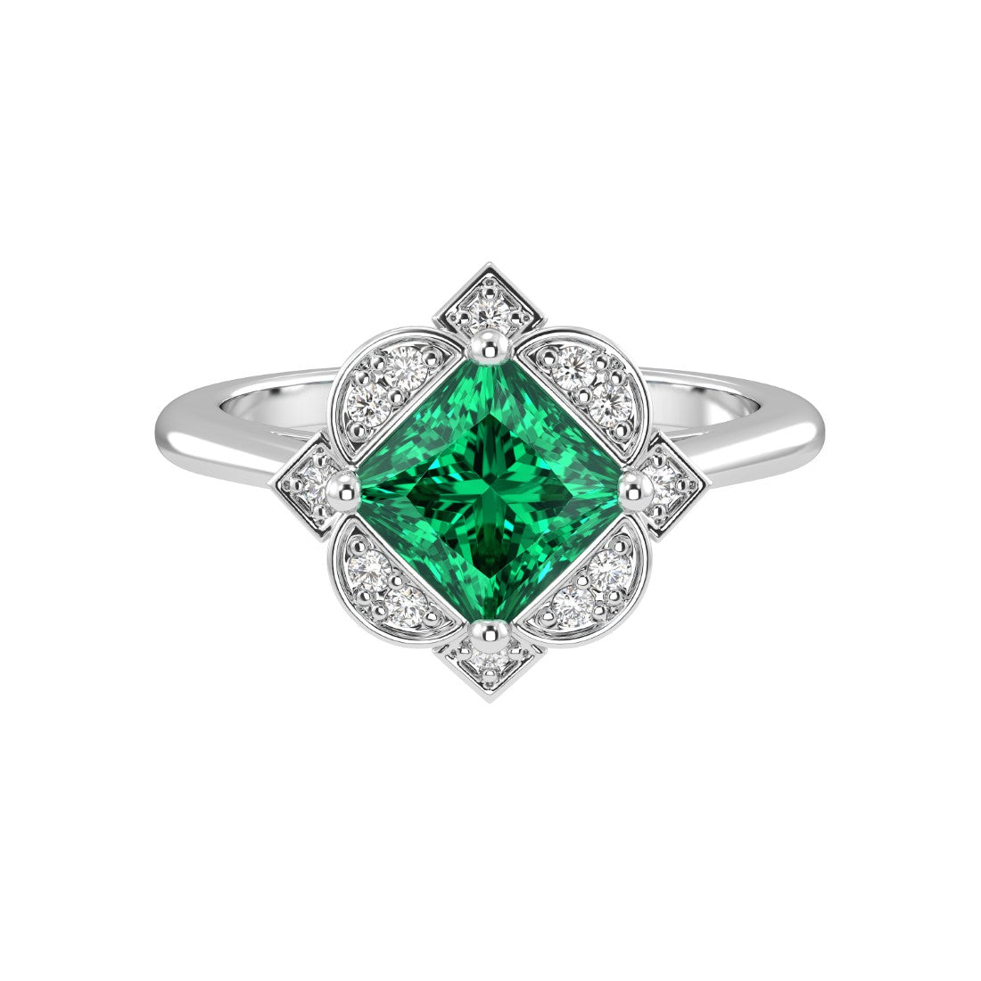 Antique Princess Cut Emerald Ring diamond halo 14K Gold heirloom engagement style Pel and Co