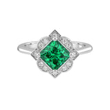 Antique Princess Cut Emerald Ring diamond halo 14K Gold heirloom engagement style Pel and Co