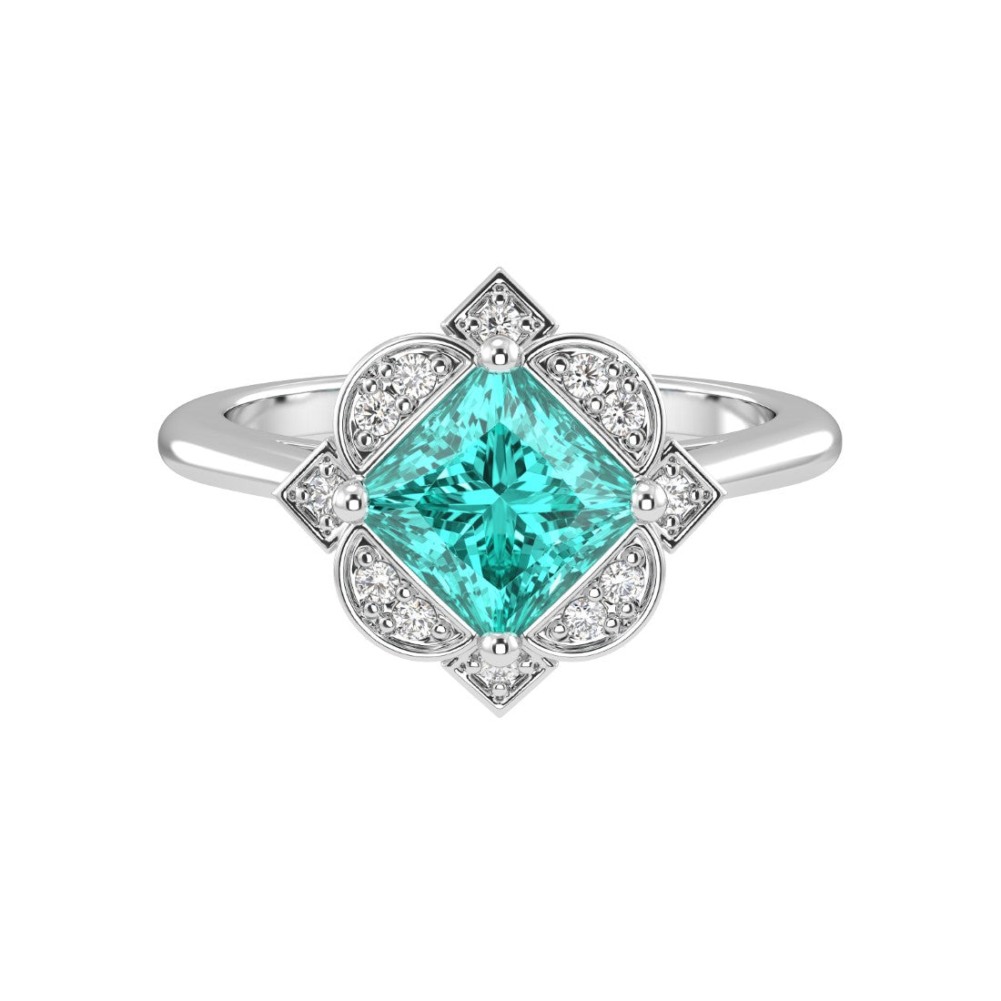 Antique Princess Cut Paraiba Tourmaline Ring diamond halo 14K Gold heirloom rare gemstone style Pel and Co
