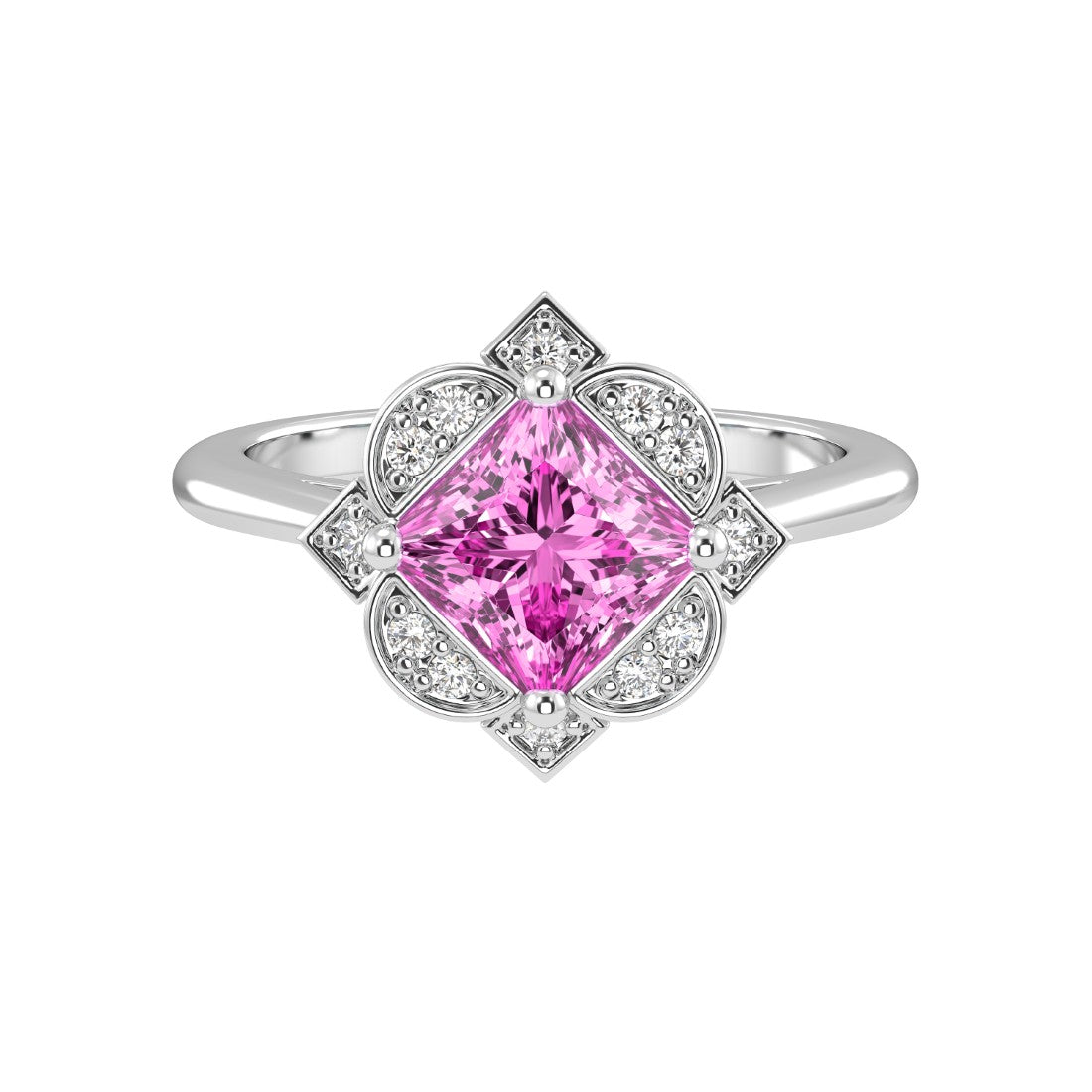Antique Princess Cut Pink Sapphire Ring diamond halo 14K Gold heirloom engagement style Pel and Co