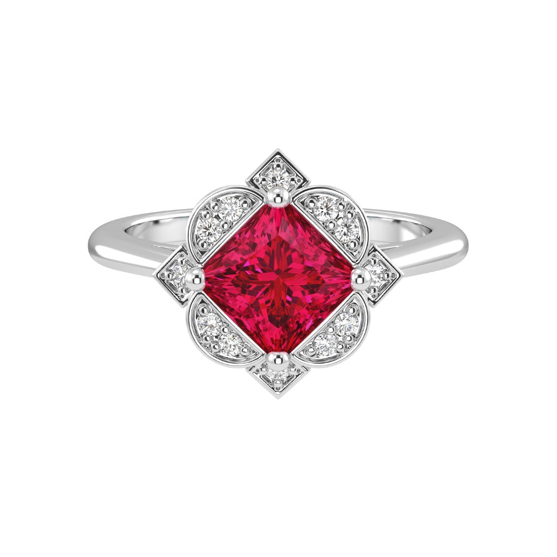 Antique Princess Cut Ruby Ring diamond halo 14K Gold heirloom engagement style Pel and Co