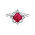 Antique Princess Cut Ruby Ring diamond halo 14K Gold heirloom engagement style Pel and Co