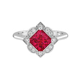 Antique Princess Cut Ruby Ring diamond halo 14K Gold heirloom engagement style Pel and Co
