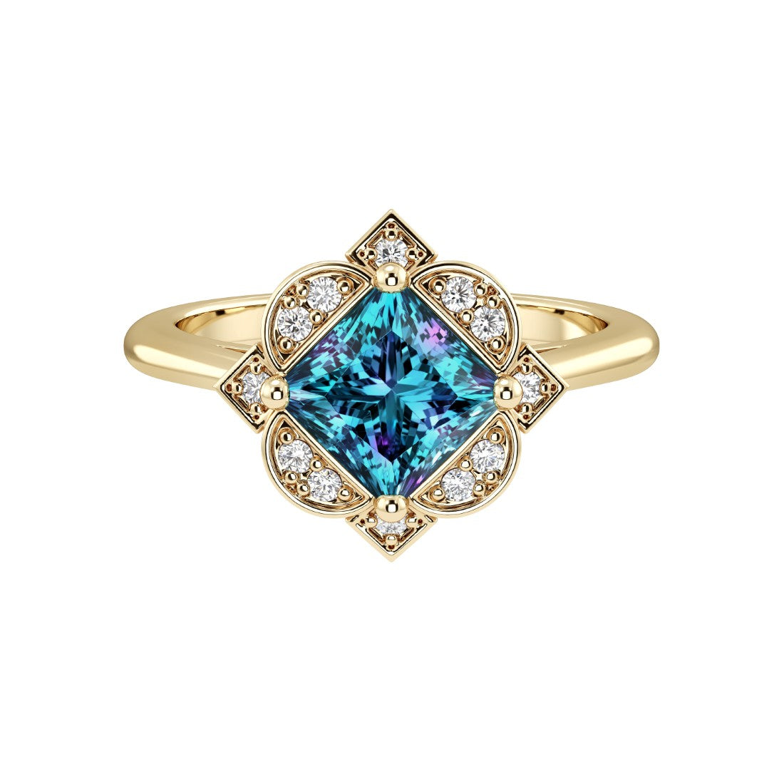 Princess Cut Alexandrite Vintage Halo Ring 14K Gold engraved antique style color change gemstone engagement ring Pel and Co