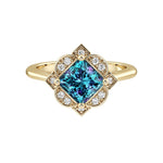 Princess Cut Alexandrite Vintage Halo Ring 14K Gold engraved antique style color change gemstone engagement ring Pel and Co