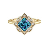 Princess Cut Alexandrite Vintage Halo Ring 14K Gold engraved antique style color change gemstone engagement ring Pel and Co