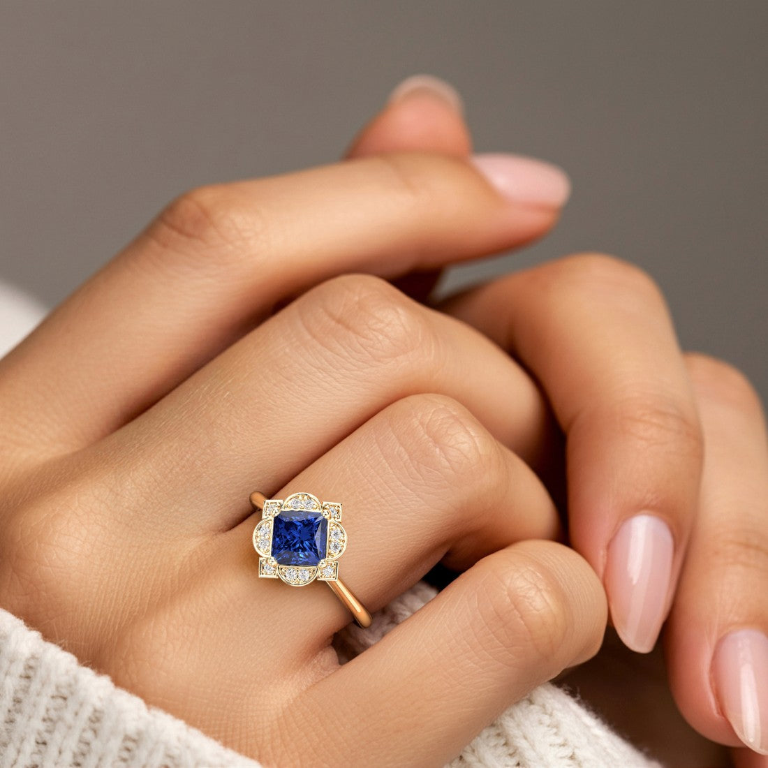 Vintage Blue Sapphire Halo Ring princess center stone engraved band 14K Gold luxury jewelry Pel and Co