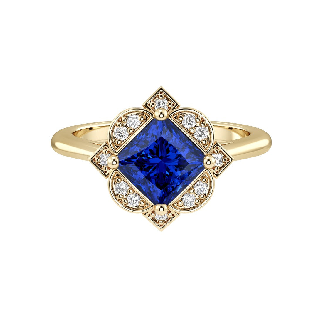 Princess Cut Blue Sapphire Vintage Halo Ring 14K Gold engraved antique style Ceylon blue September birthstone Pel and Co