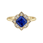 Princess Cut Blue Sapphire Vintage Halo Ring 14K Gold engraved antique style Ceylon blue September birthstone Pel and Co