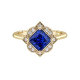 Princess Cut Blue Sapphire Vintage Halo Ring 14K Gold engraved antique style Ceylon blue September birthstone Pel and Co