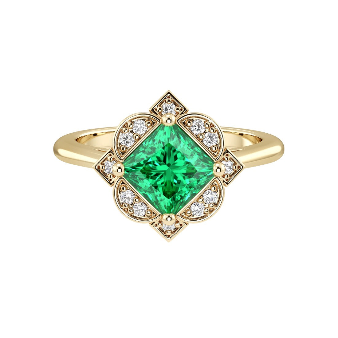 Princess Cut Colombian Emerald Vintage Halo Ring 14K Gold engraved antique style luxury green gemstone Pel and Co