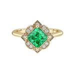 Princess Cut Colombian Emerald Vintage Halo Ring 14K Gold engraved antique style luxury green gemstone Pel and Co