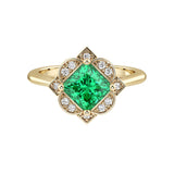 Princess Cut Colombian Emerald Vintage Halo Ring 14K Gold engraved antique style luxury green gemstone Pel and Co