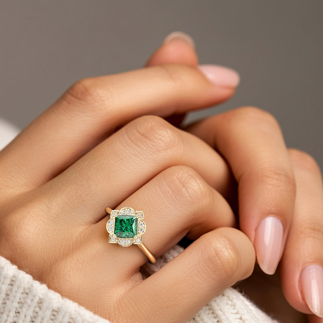 Vintage Emerald Halo Ring princess center stone engraved band 14K Gold fine jewelry Pel and Co