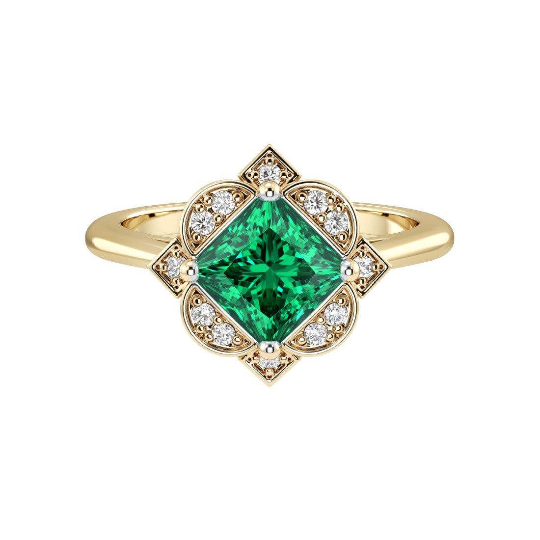 Princess Cut Zambian Emerald Vintage Halo Ring 14K Gold engraved antique style rich green gemstone Pel and Co