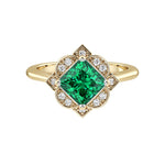 Princess Cut Zambian Emerald Vintage Halo Ring 14K Gold engraved antique style rich green gemstone Pel and Co