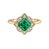 Princess Cut Zambian Emerald Vintage Halo Ring 14K Gold engraved antique style rich green gemstone Pel and Co