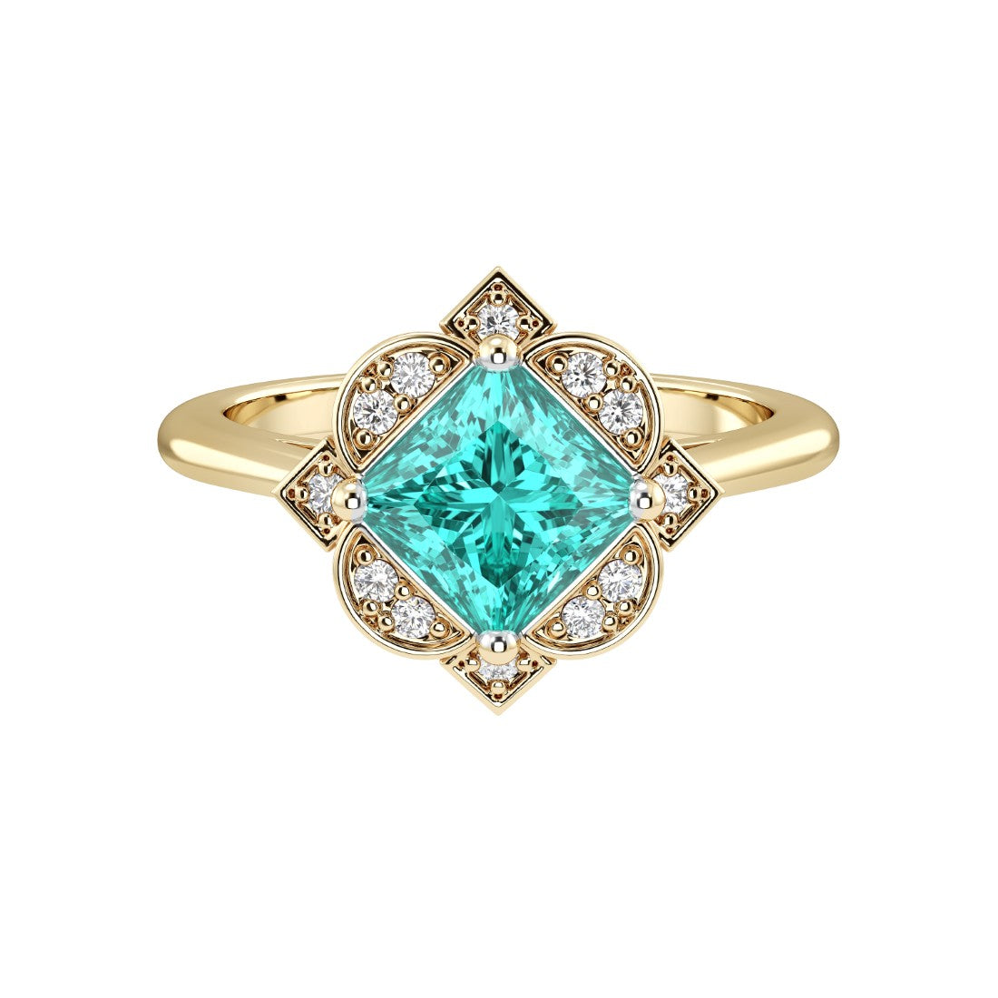 Princess Cut Paraiba Tourmaline Vintage Halo Ring 14K Gold engraved antique style neon blue green Pel and Co