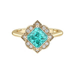 Princess Cut Paraiba Tourmaline Vintage Halo Ring 14K Gold engraved antique style neon blue green Pel and Co