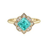 Princess Cut Paraiba Tourmaline Vintage Halo Ring 14K Gold engraved antique style neon blue green Pel and Co