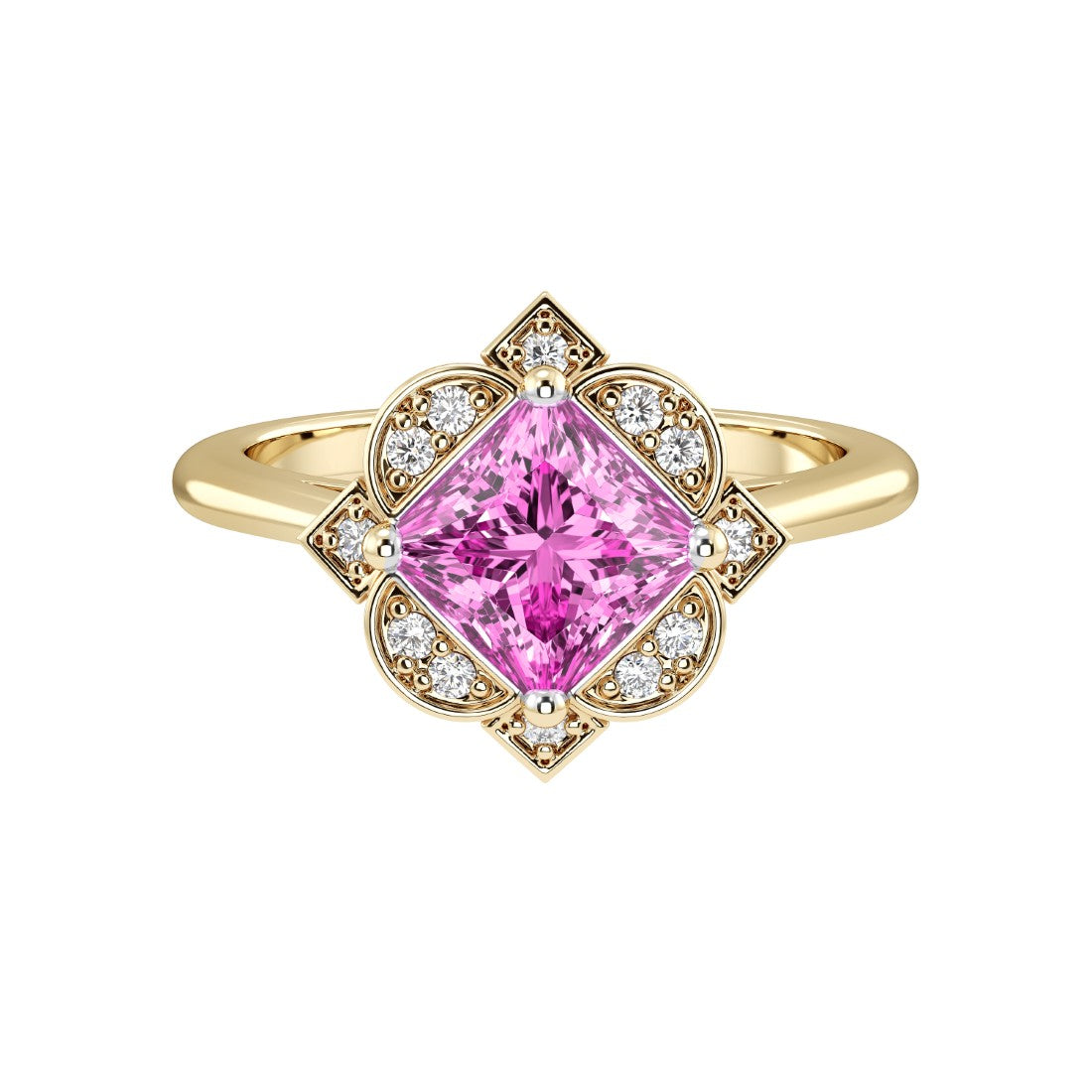 Princess Cut Pink Sapphire Vintage Halo Ring 14K Gold engraved antique style romantic blush gemstone Pel and Co