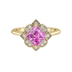 Princess Cut Pink Sapphire Vintage Halo Ring 14K Gold engraved antique style romantic blush gemstone Pel and Co