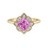 Princess Cut Pink Sapphire Vintage Halo Ring 14K Gold engraved antique style romantic blush gemstone Pel and Co