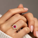 Vintage Ruby Halo Ring princess center stone engraved band 14K Gold fine jewelry Pel and Co