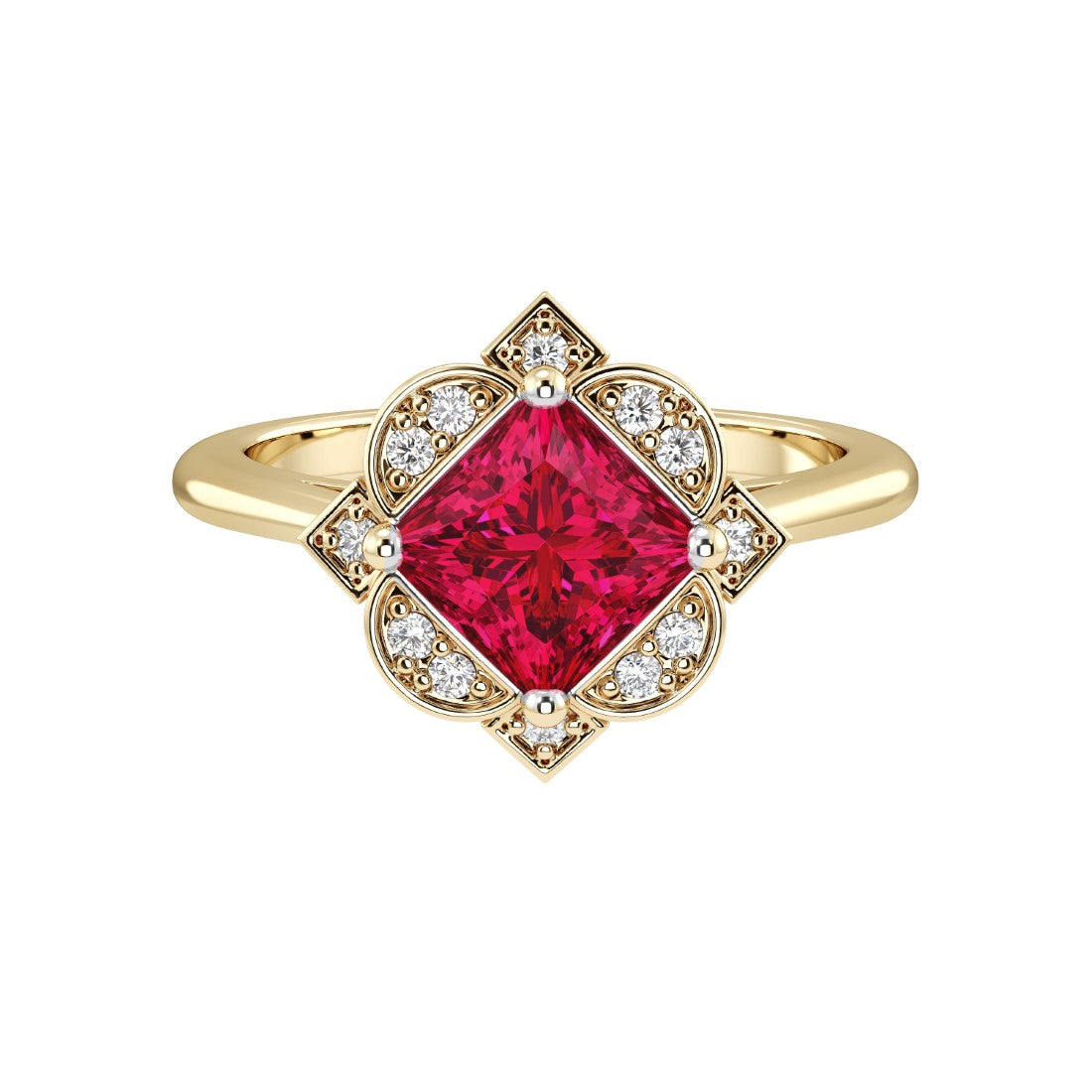 Princess Cut Ruby Vintage Halo Ring 14K Gold engraved antique style pigeon blood red July birthstone Pel and Co