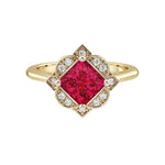 Princess Cut Ruby Vintage Halo Ring 14K Gold engraved antique style pigeon blood red July birthstone Pel and Co