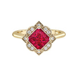 Princess Cut Ruby Vintage Halo Ring 14K Gold engraved antique style pigeon blood red July birthstone Pel and Co
