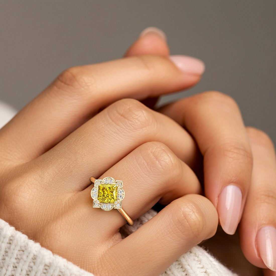 Vintage Yellow Sapphire Halo Ring princess center stone engraved band 14K Gold fine jewelry Pel and Co