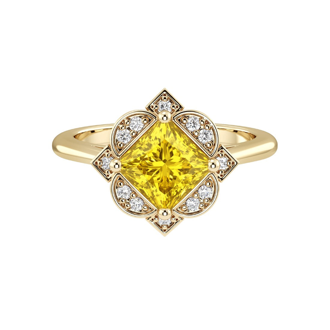 Princess Cut Yellow Sapphire Vintage Halo Ring 14K Gold engraved antique style September birthstone Pel and Co
