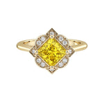 Princess Cut Yellow Sapphire Vintage Halo Ring 14K Gold engraved antique style September birthstone Pel and Co